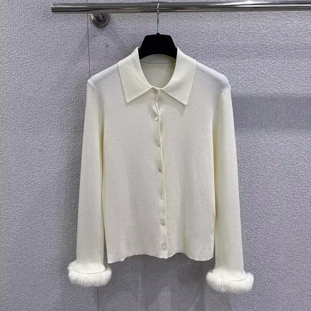 

New Autumn Wool Wool Blends Knit Cardigans Women Sweet Lapel Single Breasted Long Sleeve with Fur Cuff Cute Slim Fit Sweater