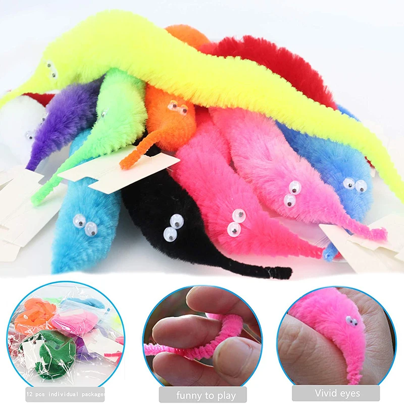 12 Colors Fuzzy Worm Magic Props for Children Kids Beginners Wiggly Twisty Worm with Invisible String Party Favors Trick Toys