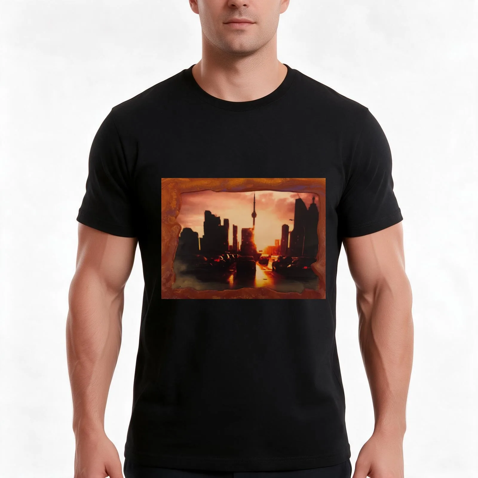 Stormy Sunset on the Gardiner with Poured Acrylic Border T-Shirt Summer Casual Cotton Tee Oversized Streetwear Tops