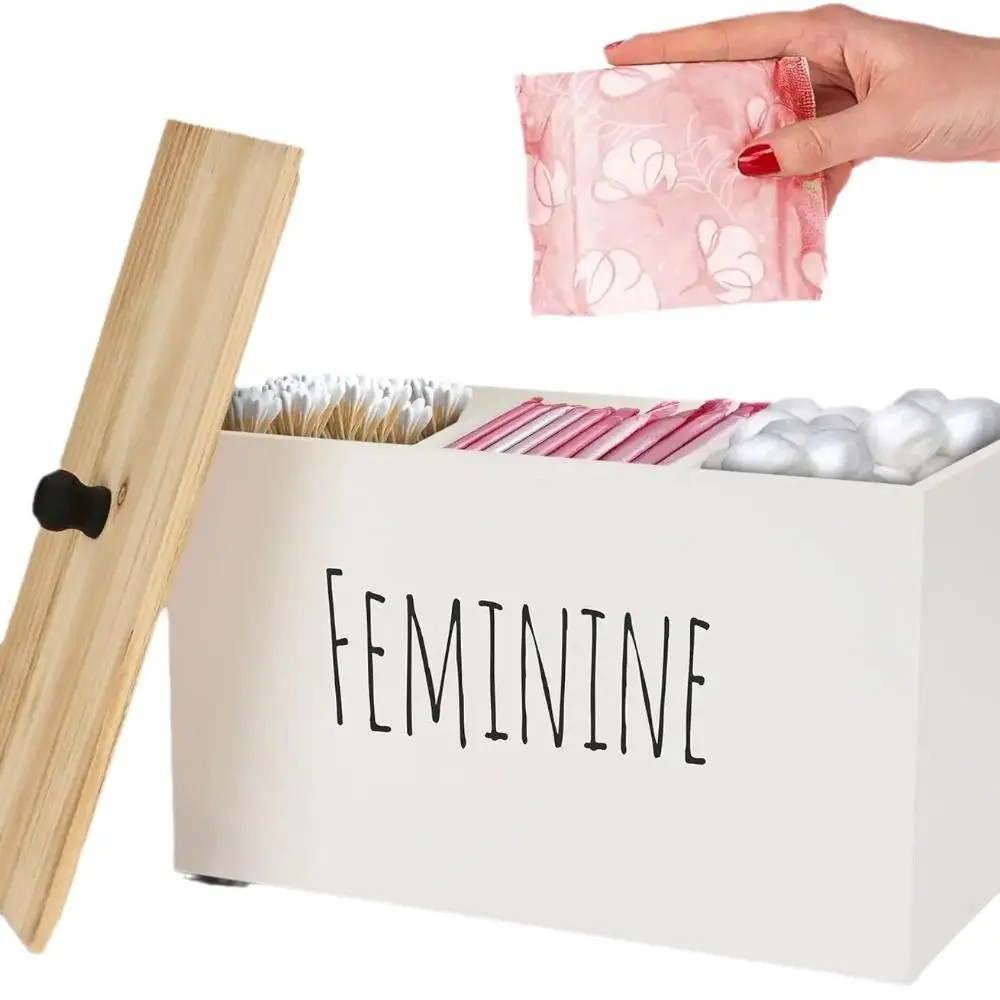 Caja de almacenamiento de almohadillas de algodón de madera, contenedor de almacenamiento de almohadillas para mujer a prueba de polvo con tapa, soporte para tampones de gran capacidad, 1/3 rejillas
