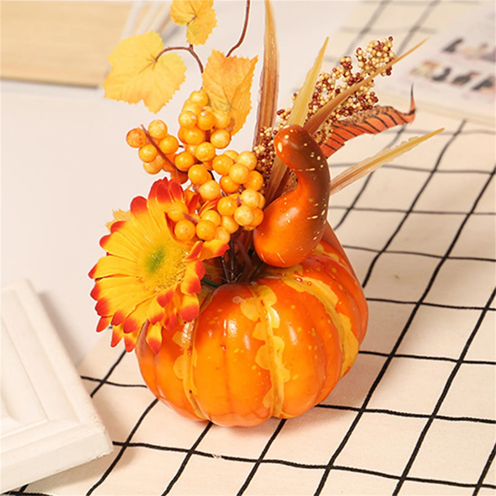 

Fake Pumpkins With Artificial Flowers For Halloween House Party Thanksgiving Fall Ornaments Home Table Centerpiece Kitchen Decor