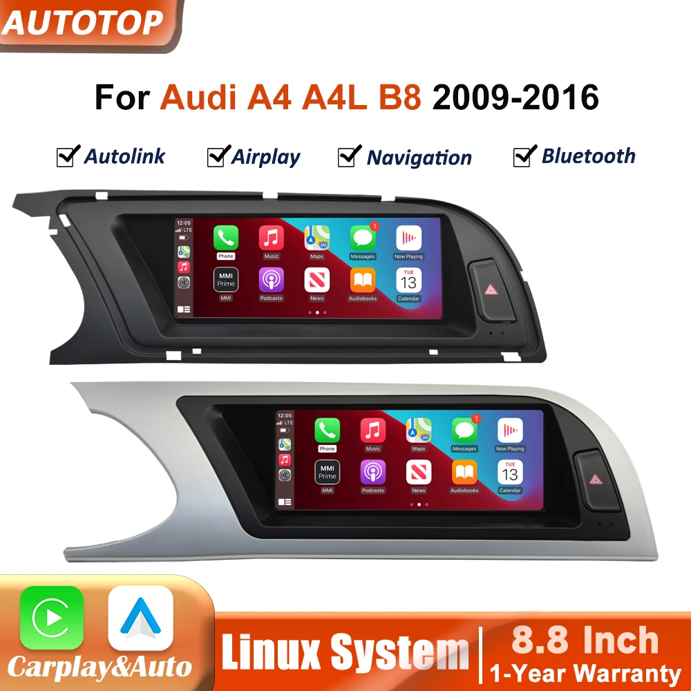 8,8-calowy ekran dotykowy z Android Auto, bezprzewodowy Carplay, radio multimedialne do Audi A4 A4L B8 2009-2016, Airplay, nawigacja GPS