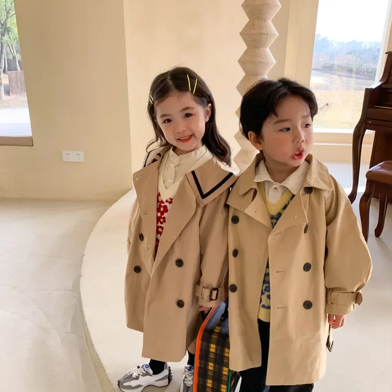 Kids Trench 2024 Spring Autumn New Fashion Korean Version Preppy Style Casual All-match Fashion Solid Turn-down Collar