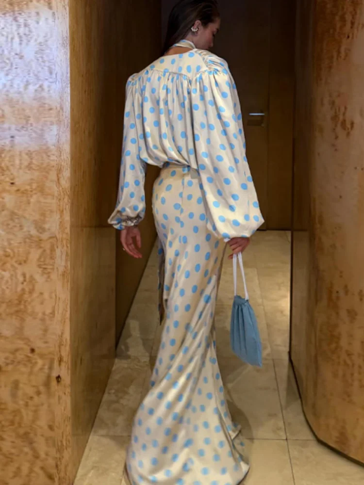 Chic Polka Dot Women Skirt Set With Ribbon V-neck Long Sleeve Shirt Long Mermaid Skirts 2026 Summer Holiday Two-Piece Outfits image 2