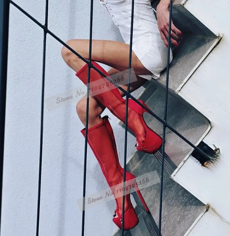 

Red Air Mesh Knee High Summer Sandal Boots Stiletto Heels Platform Open Toe Tall Boots Transparent Patchwork Suede Dress Shoes