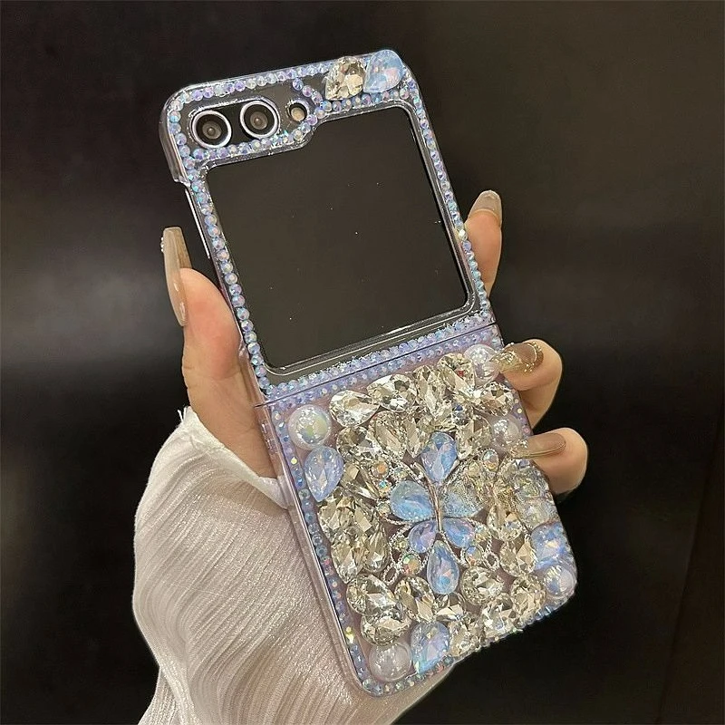 Capa de Telefone Luxuosa Estilo Diamante para Samsung Galaxy Z Flip 2 3 4 5 6 W 23 24 Flip Flip, Presente de Aniversário