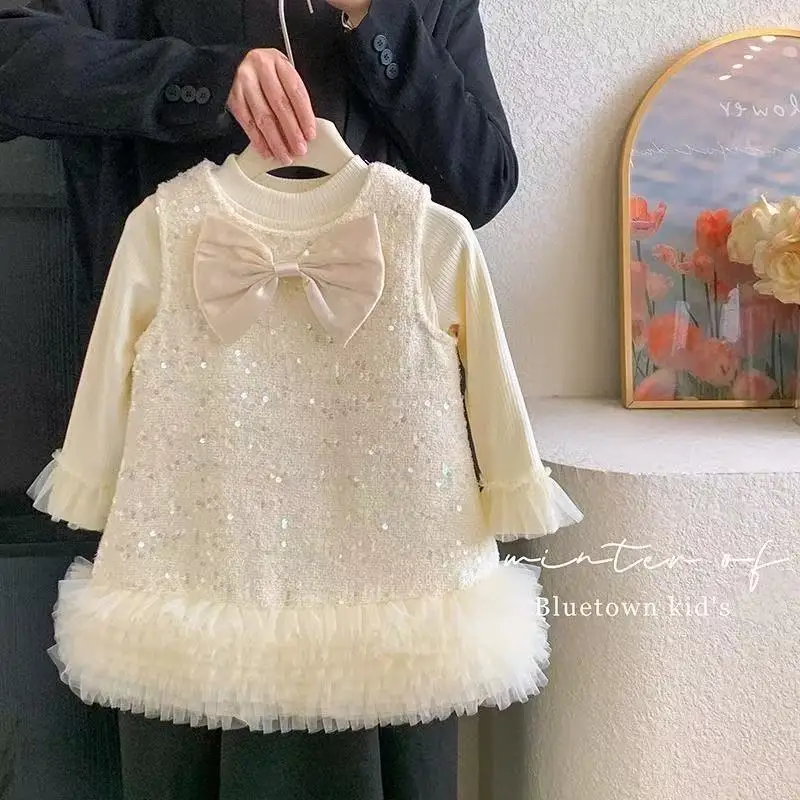 

2-9 Year Baby Girls' Dress Set Spring and Autumn Children's Bow Dress+Long Sleeve T-shirt Two-piece Set 90-150cm