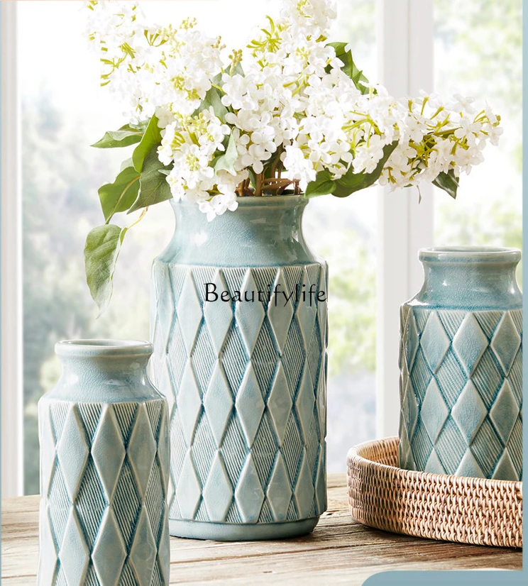 

American Style Furnishings Decoration Living Room Dried Flowers Vintage Blue Diamond Pattern Ceramic Vase