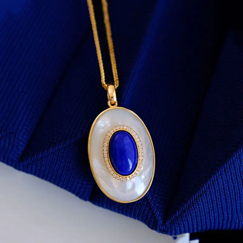 Natural Stone Lapis Fritillary Pendant Women's Necklace Simple Exquisite Retro Style Unique Women Hong Kong Style Sweater Chain