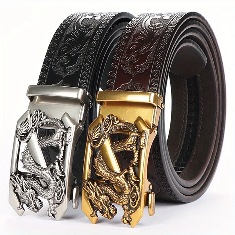1/2pcs Men's Second Layer Cowhide Leather Belt Automatic Buckle Pattern Waistband Casual Jeans Pants Belts Ideal Choice for Gift