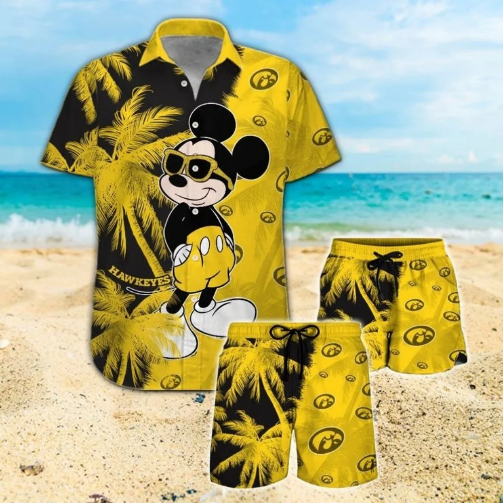 2025 New Disney Hawaii 3d printed shirt New men's and women's fashion Mickey button short sleeve short suit Disney beach childre