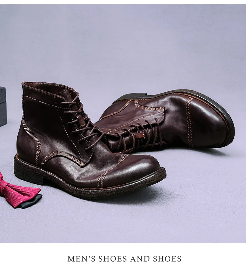 Men's Genuine Leather Cap Toe Ankle Boots High Top Retro Combat Boots Classic Lace Up Formal Casual Work Boots Non Slip Footwear