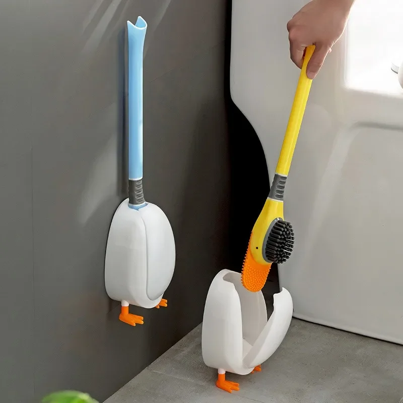 Cute Diving Duck Style Toilet Brush Wall-mounted Floor-Standing Silicone Toilet Brush with Base Bathroom Cleaning Brush Set