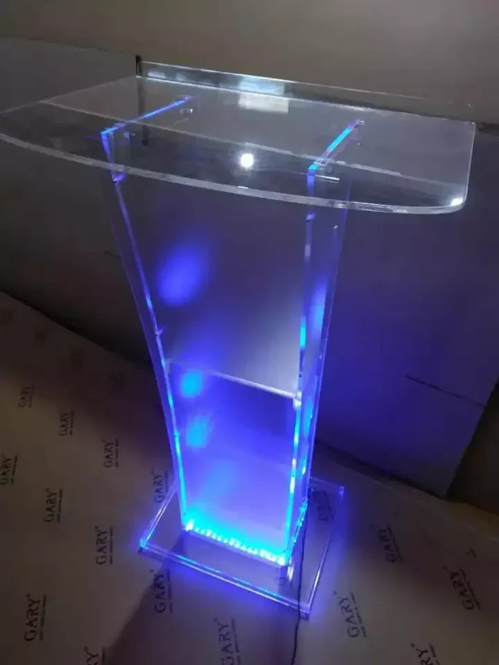 Custom Design Lighted Assembly Detachable Acrylic Lectern Stand Plexiglass Lecture Desk Perspex Church with Led Podium Platform