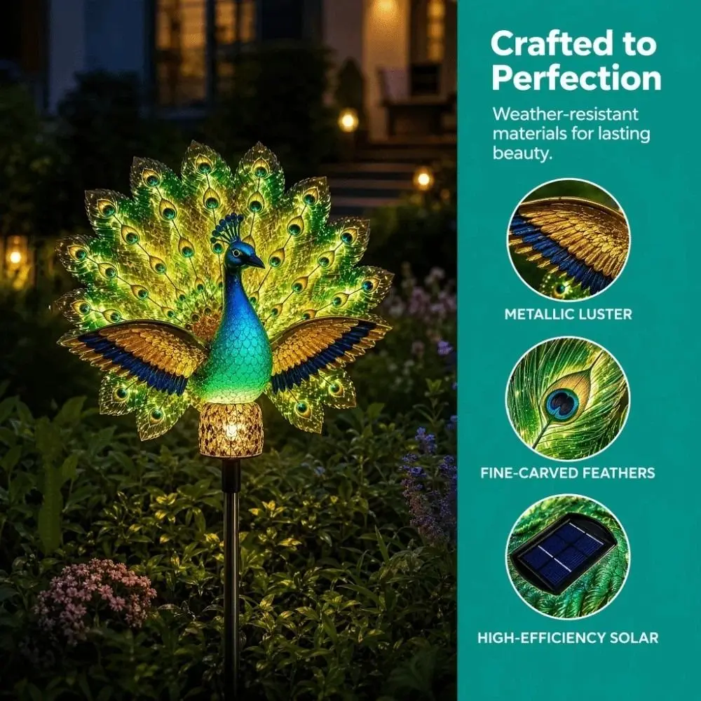 Solar Powered Solar Peacock Garden Light Auto-On LED Weather Resistant Peacock Garden Sculpture Glowing Tail
