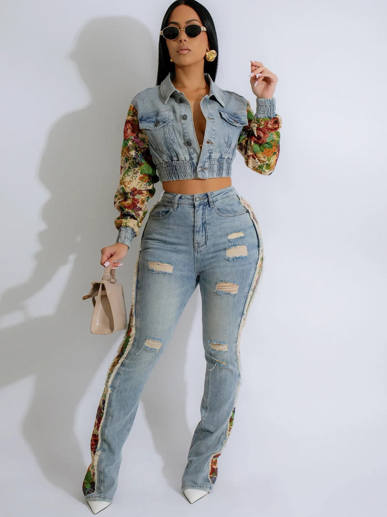 طقم مكون من قطعتين من قماش الدنيم بطباعة جانبية كلاسيكية للسيدات جديدة، قابل للغسل في الغسالة