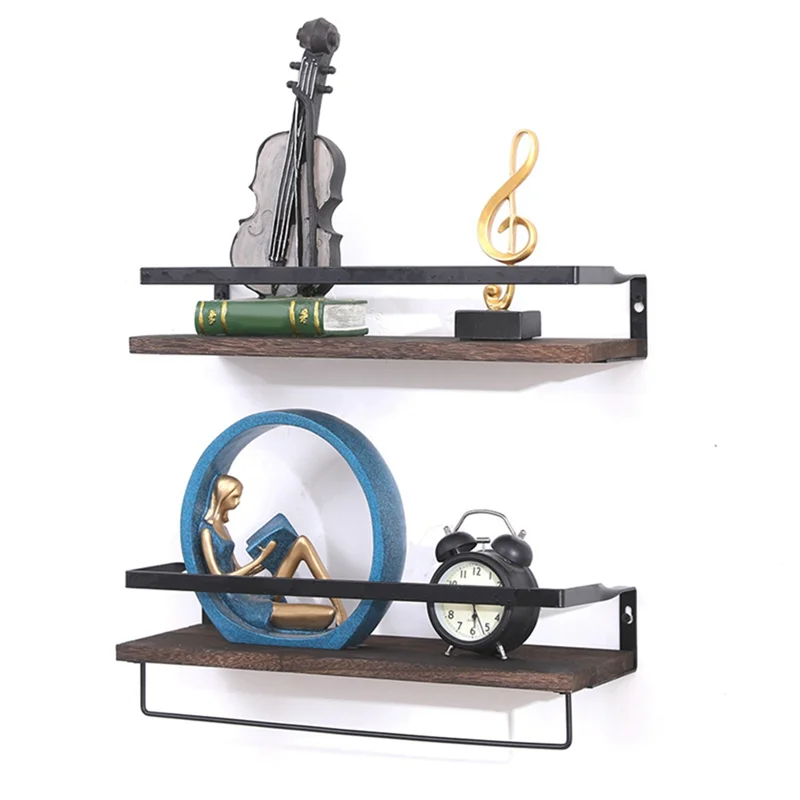 PB-2 Pack Set di mensole da parete in metallo, legno, rustico, galleggiante, portasciugamani da cucina, bagno