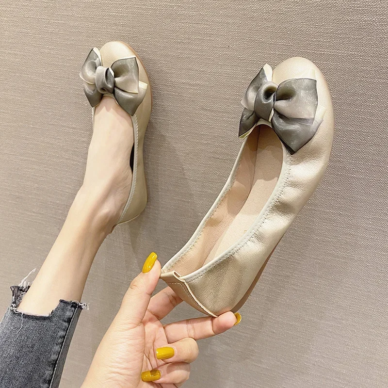 Womens Soft Round Toe Ballet Flats Butterfly Knot Sweet Comfortable Slip on Flat Ballerinas Shoes Woman PU Leather