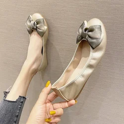 Womens Soft Round Toe Ballet Flats Butterfly Knot Sweet Comfortable Slip on Flat Ballerinas Shoes Woman PU Leather