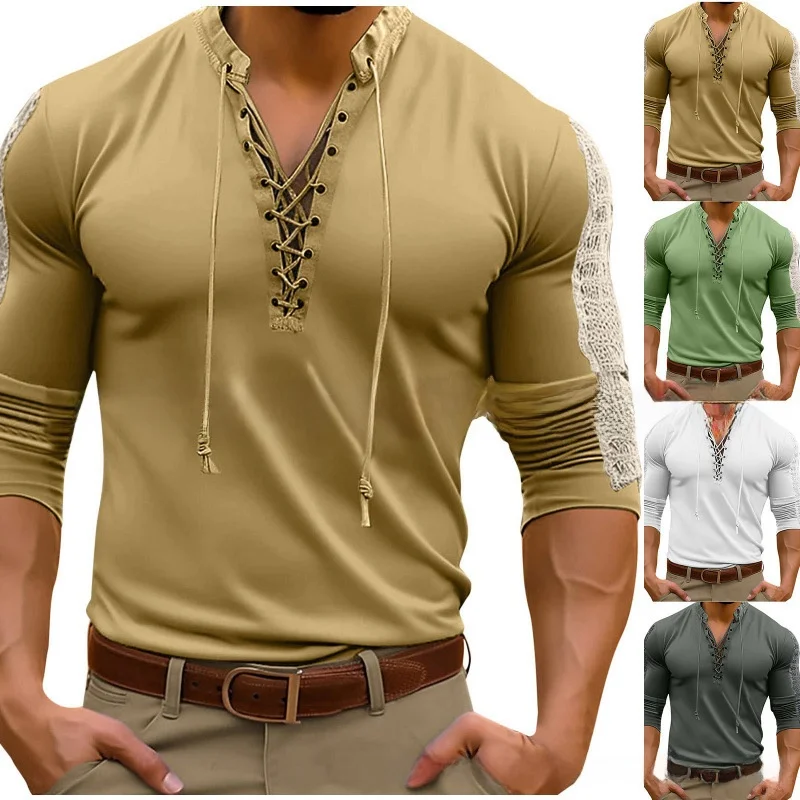 Men's Mesh Collar Long Sleeve Henry Shirt Lace up T Street Style Polyester Fiber Summer Casual Pure Color Waist Cinched