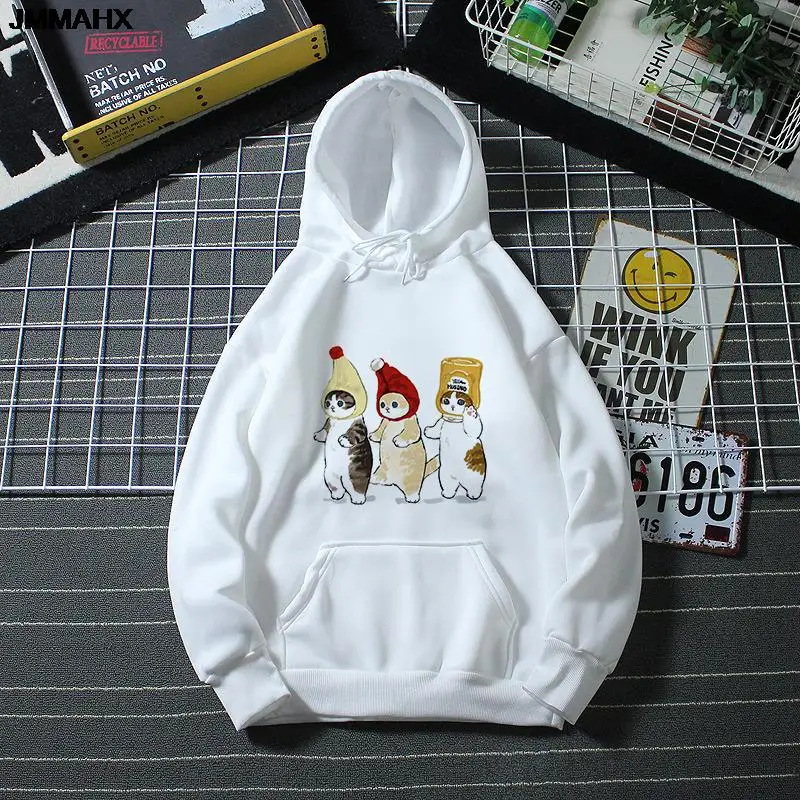 Felpa con cappuccio da donna a maniche lunghe autunno inverno Harajuku moda divertente stampa gatto top da donna felpa casual pullover con cappuccio bianco da donna