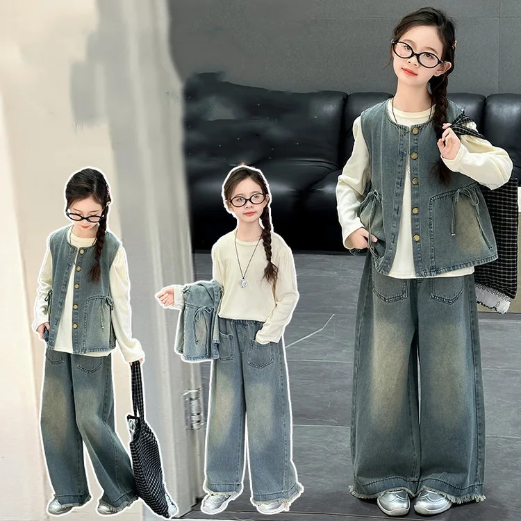 

Осенний комплект из 3 предметов для девочек, топ с круглым вырезом и длинными рукавами + однобортный жилет + широкие брюки, детский комплект для девочек от 4 до 14 лет, костюмы для девочек