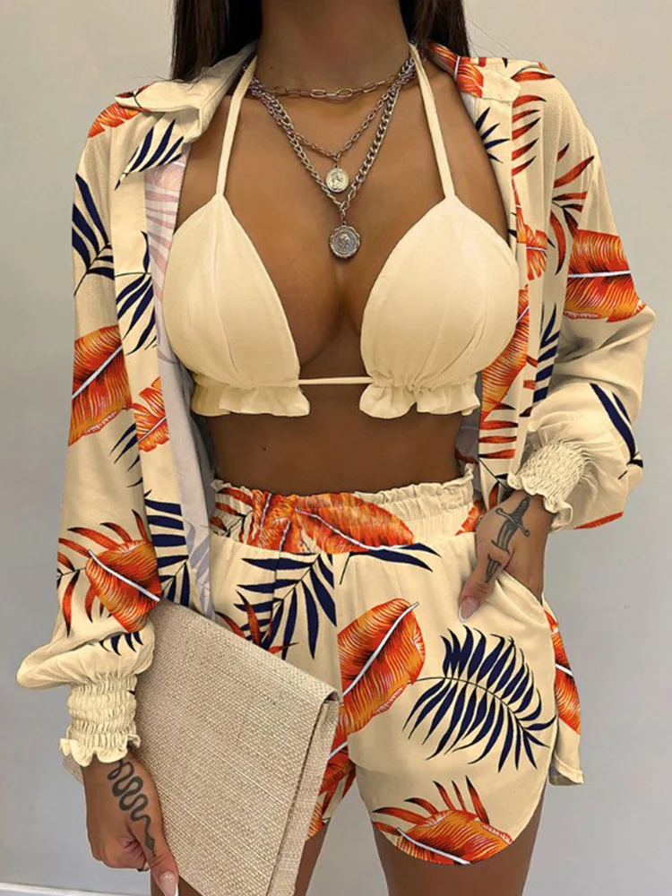 Summer Three Pieces Swimwear Sexy Beachwear 2024 New Bathing Suit Shorts Cover Up High Waist Bikini Set Print Women's Swimsuit