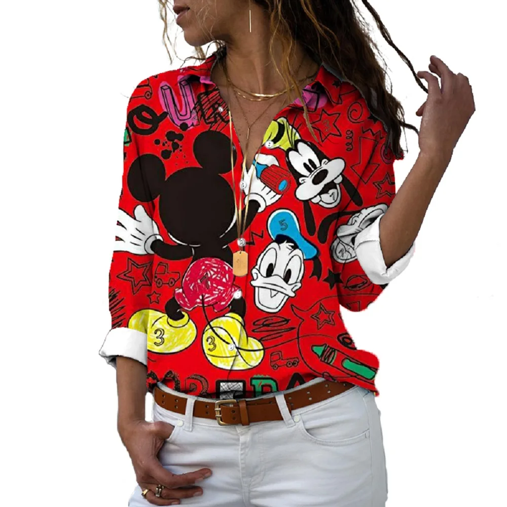 Donald Duck Mickey Minnie Animation 2024 Spring New Harajuku Fashion Lapel Long Sleeve Single Breasted Casual Shirt Y2K