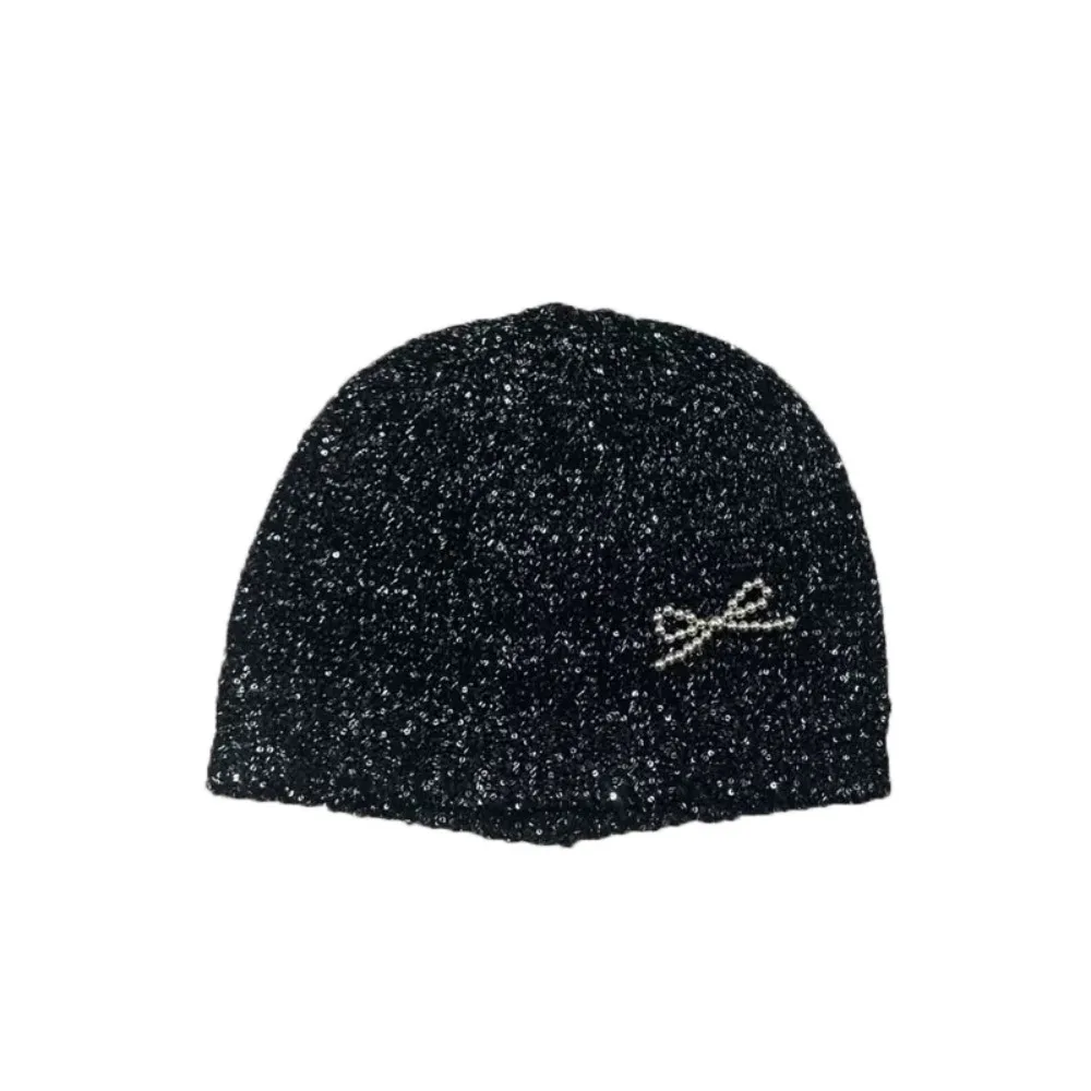 

Fashion Vintage Sequin Knitted Hat Hollow Bowknot Beanie Hat Jennie Style Thin Woven Cap Streetwear