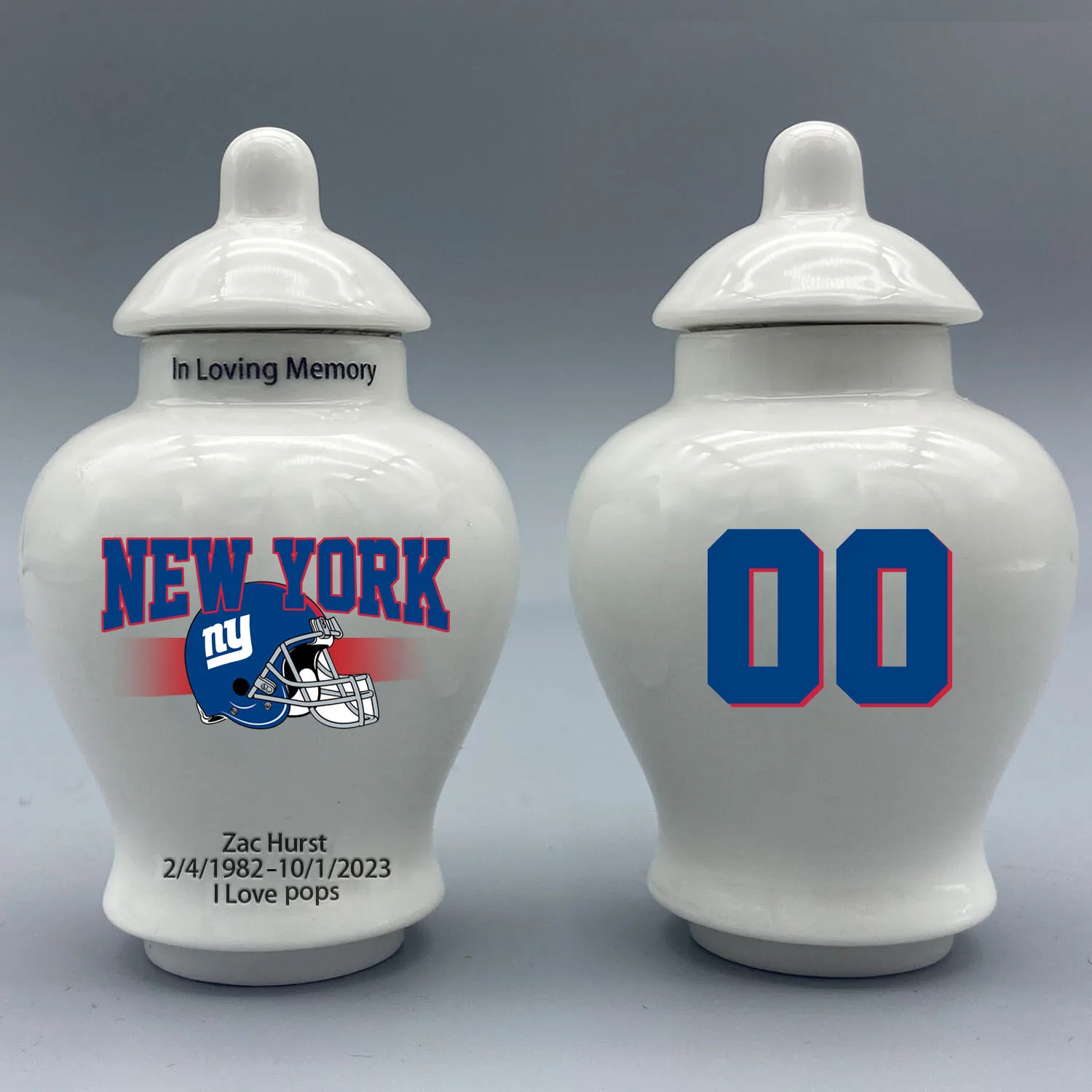 

Mini Urn for New York Giants-themed Logo Urn.Please send me the customization information - name/date and number on the urn