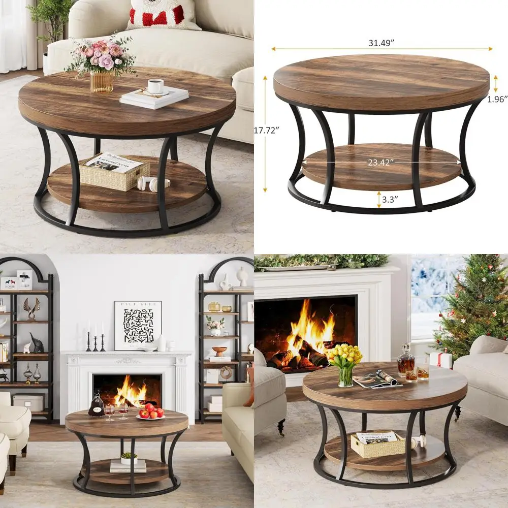 

Modern 2-Tier Round Coffee Table with Storage for Living Room, Accent Center Table in Rustic Brown