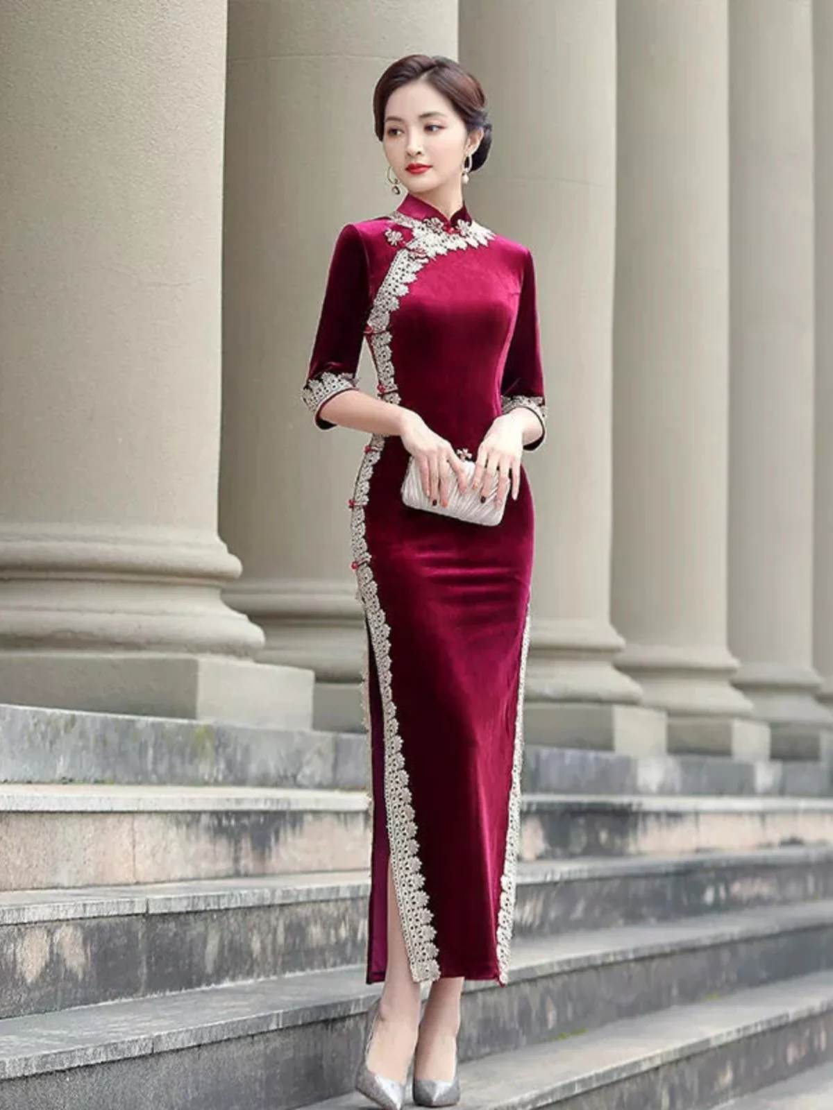 

Ele Long Velvet with Lace Trim Seven-Quarter Sve for Mom Performance ow off Stage High-End Improved New 2025