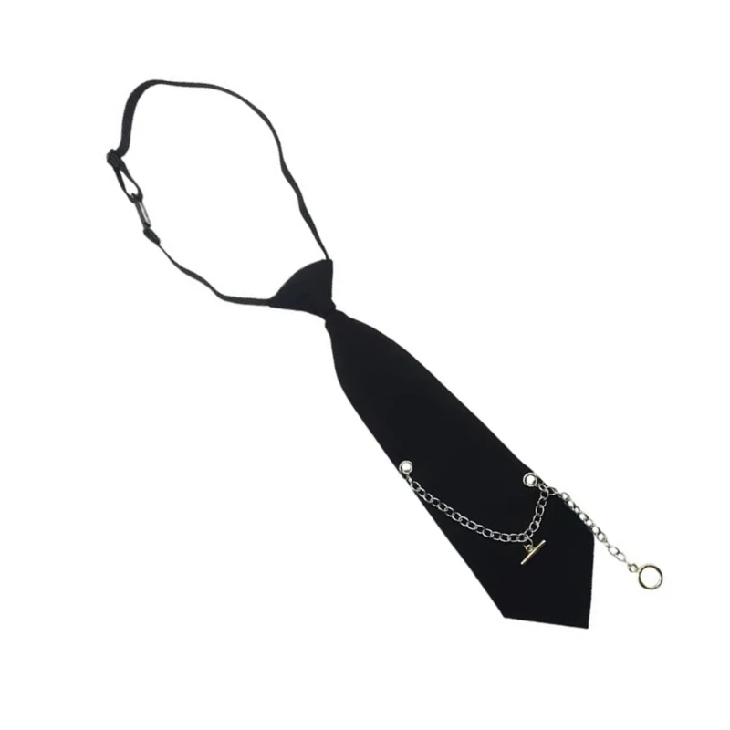 Women Pre Tied Necktie with Metal Chain Student Uniform Small Black Neck Tie