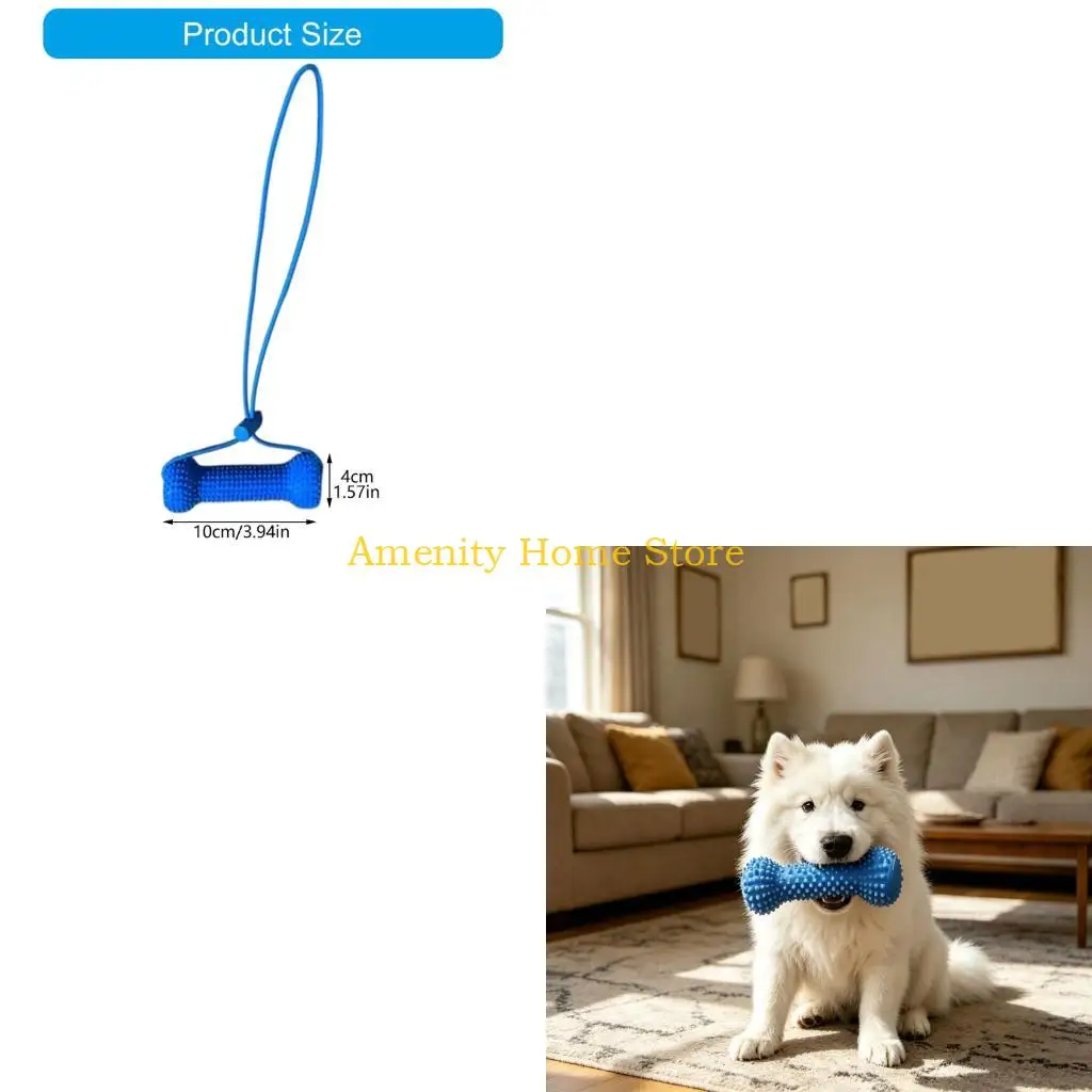 F26C Blue Finish Dog Dental Chew Toy Set, Two Unit Bone Form with Raised Texture, Rubber Body, Cord Accent, and 3.94 x 1.57 In