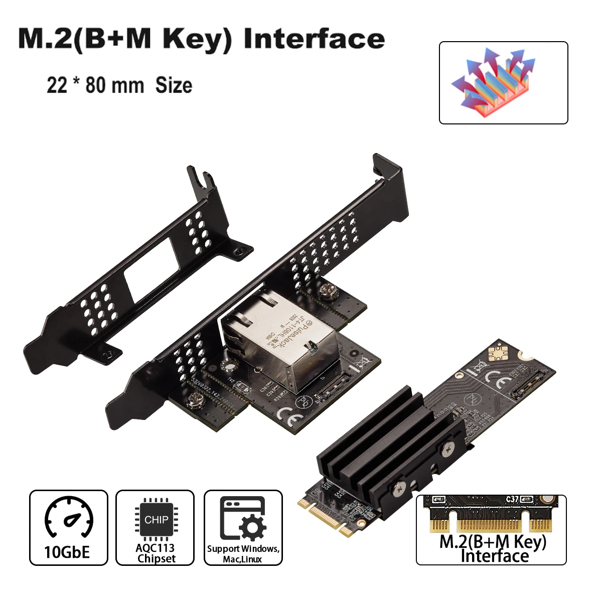 IOCREST 단일 포트 네트워크 카드, 산업 제어 등급 서버 네트워크 카드, M.2 B + M, RJ45 이더넷 네트워크 어댑터, AQC113, 10GbE