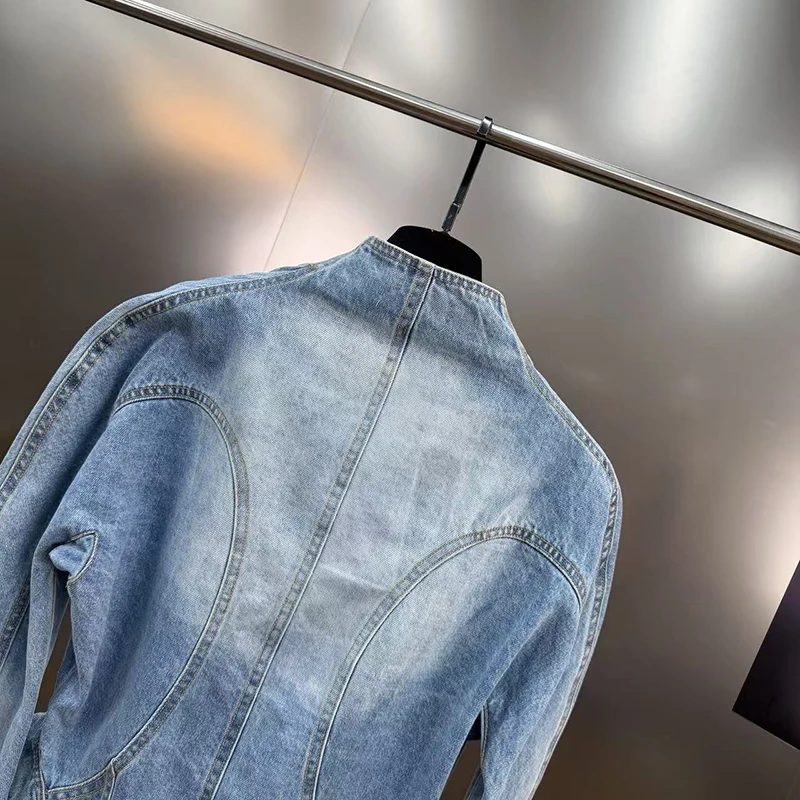 سترة قصيرة من قماش الدنيم بتصميم بحاشية غير رسمية من KBQ للنساء بياقة واقفة وأكمام طويلة وأزرار مقسمة جديدة للسيدات #5