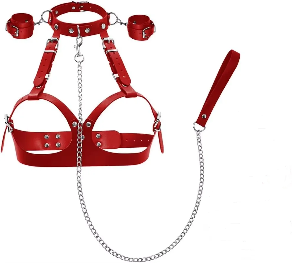 Bondage Sex Breast Set, BDSM B to E Cup Boobs Sex Toys for Couples with Harness Collars with Traction Chain Handcuffs