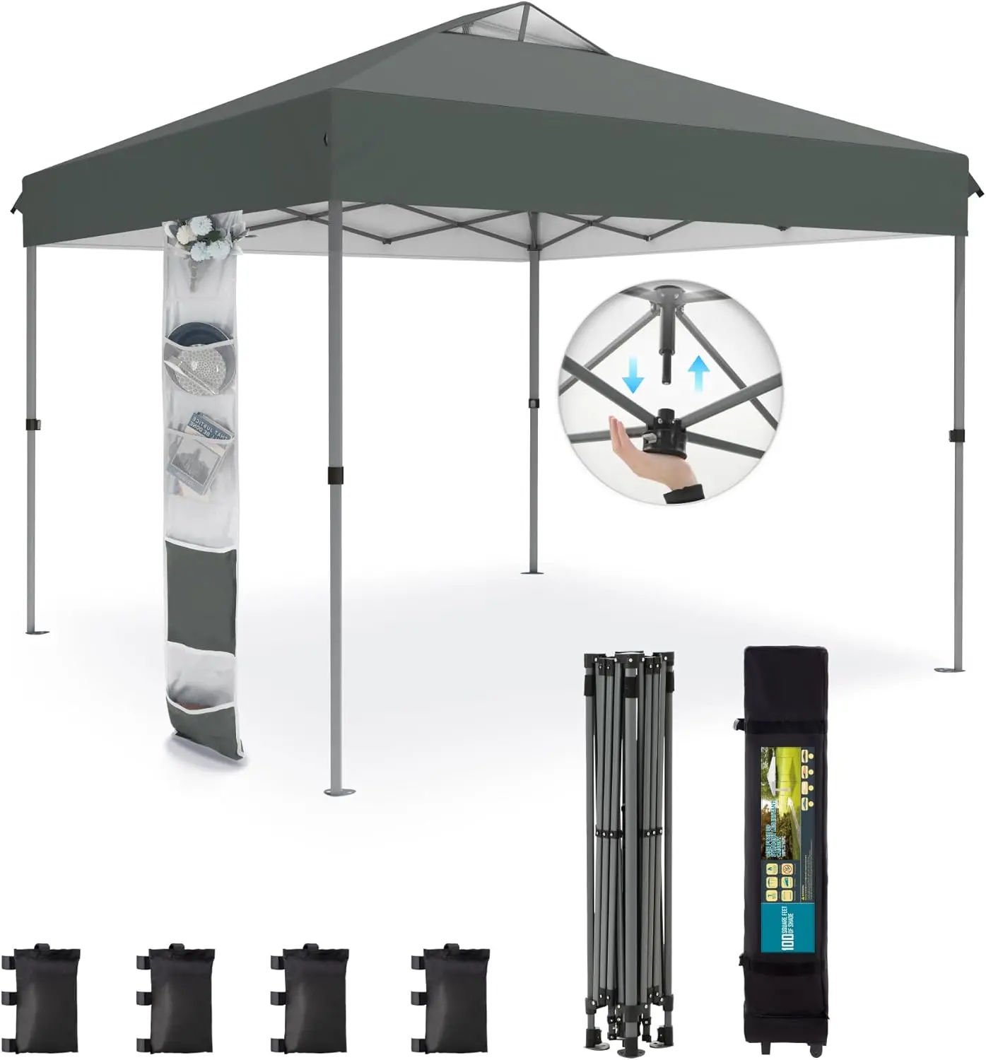 

Canopy Tent Pop Up 10x10 ft, One Person Push Set Up Tent, Outdoor Canopies Shelter Heavy Duty Straight Legs with 4 Sandbags &