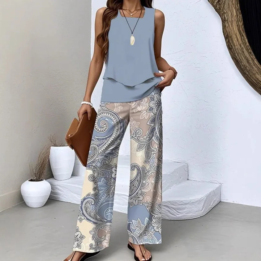 

Sleeveless Square Collar Double Layer Vest Solid Color Top High Waist Wide Leg Printed Trousers Two Piece Set Womens Casual Suit
