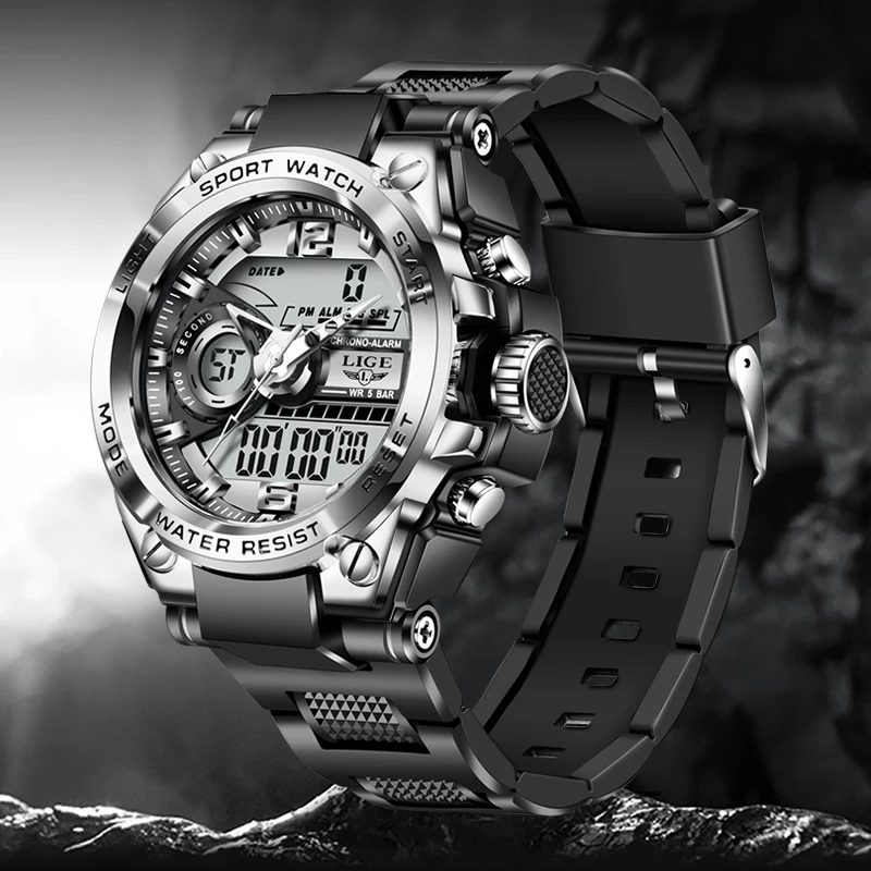 LIGE Dual Display Watch Men Fashion Business Silicone Sports Chronograph Man Wristwatch 50M Waterproof Alarm Quartz Chronograph