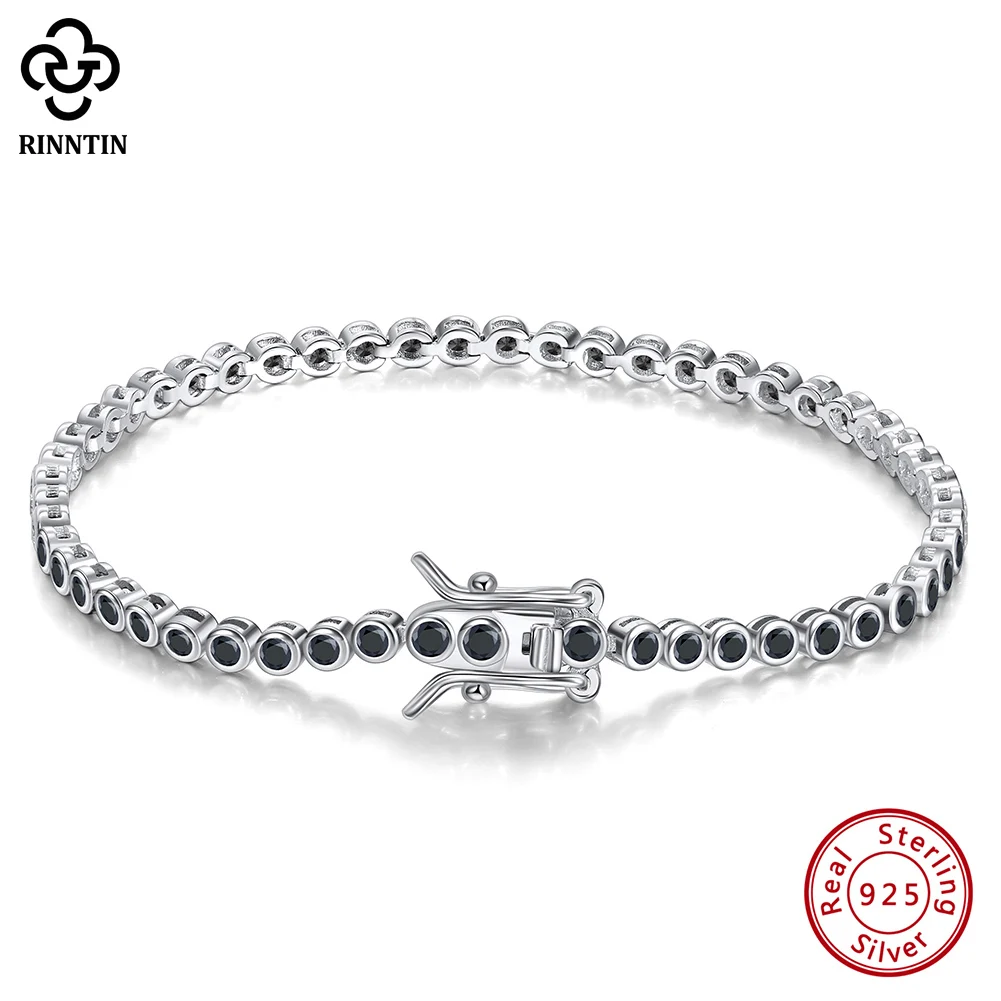 Rinntin 925 Sterling Silver 1.5mm 2mm Black Tennis Bracelet for Women Elegant Cubic Zirconia Chain Bracelet Jewelry SB145