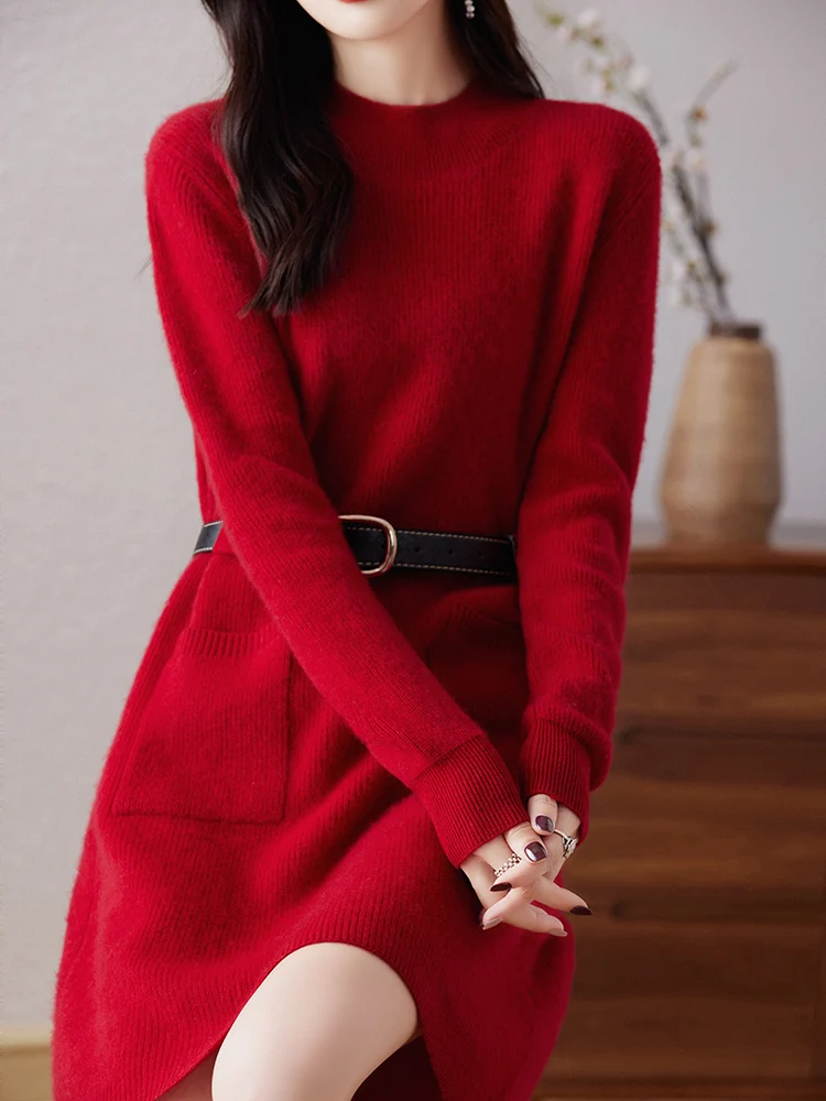 Wool Dress Women's Round Neck Solid Color Long Double-Pocket Sweater Autumn And Winter New Loose Cashmere Knit Bottoming Shirt