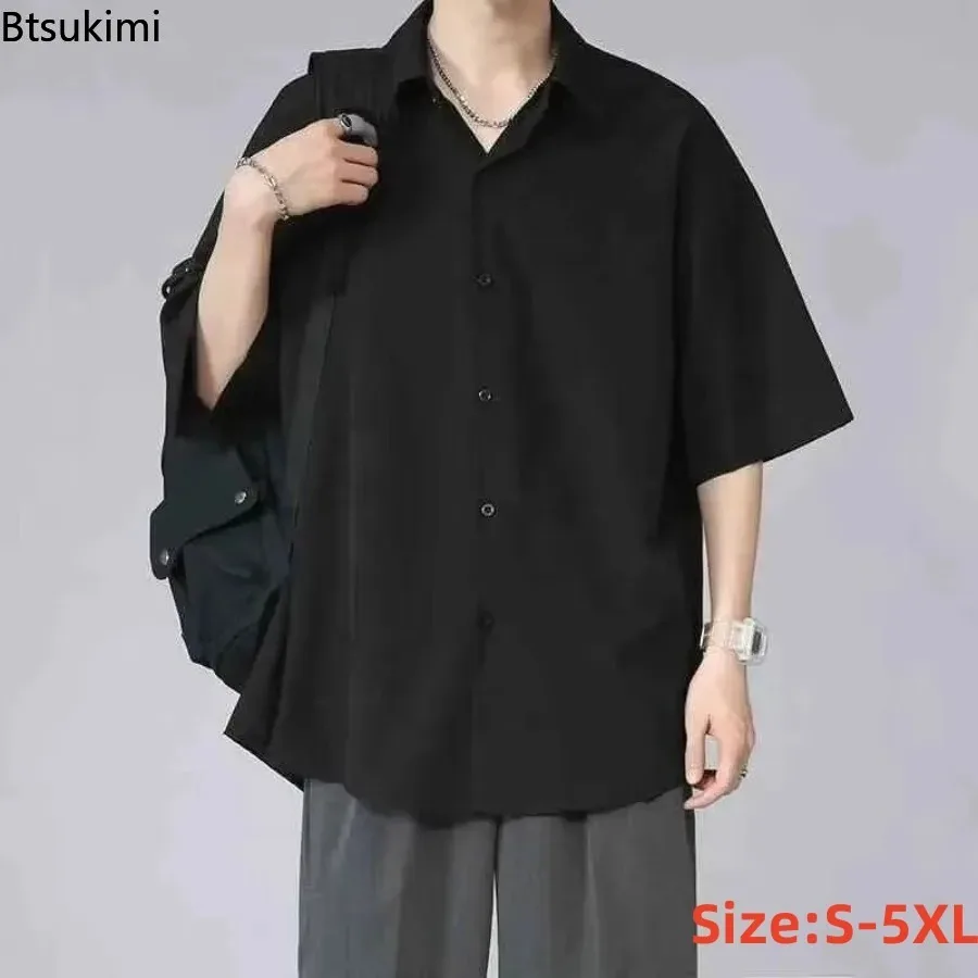 Men's Casual Ice Silk Short Sleeve Shirt Summer Loose Fit Lightweight Draped Feel Cuban Collar Half Sleeve Shirt Male Streetwear