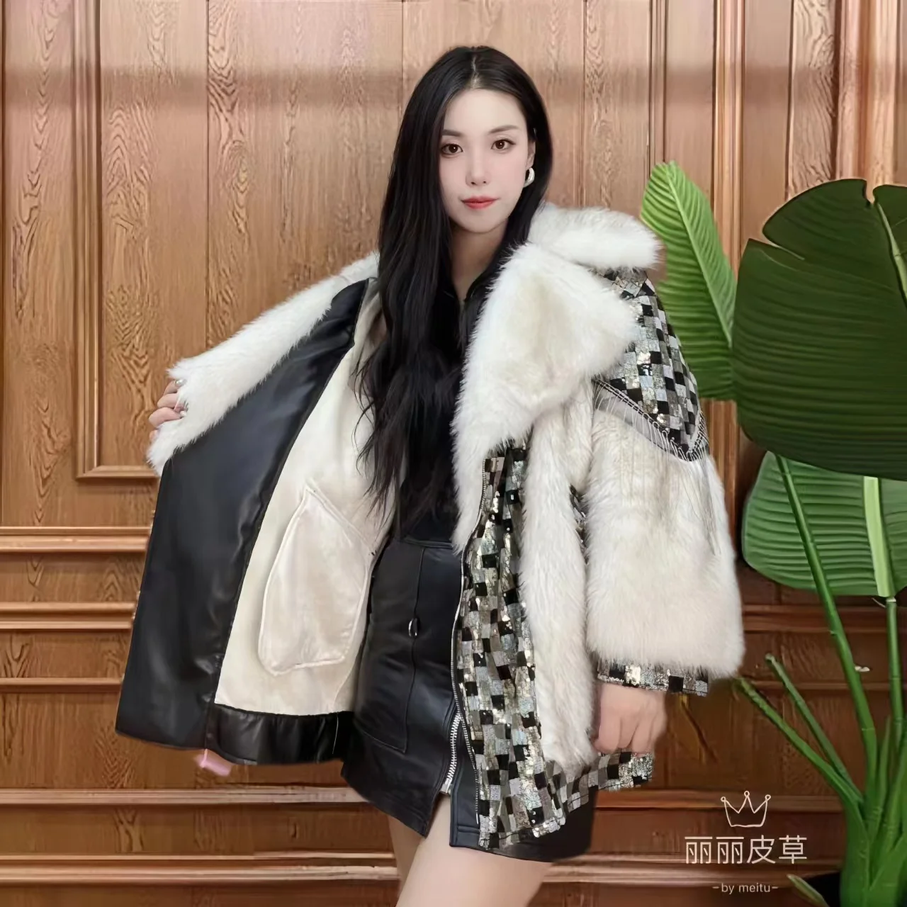 Women\'s Winter Faux Lamb Fur Coats, Sequins Spliced Long Jacket, Loose Thicken Warm Clothes, High Quality, Promotion, New, 2023