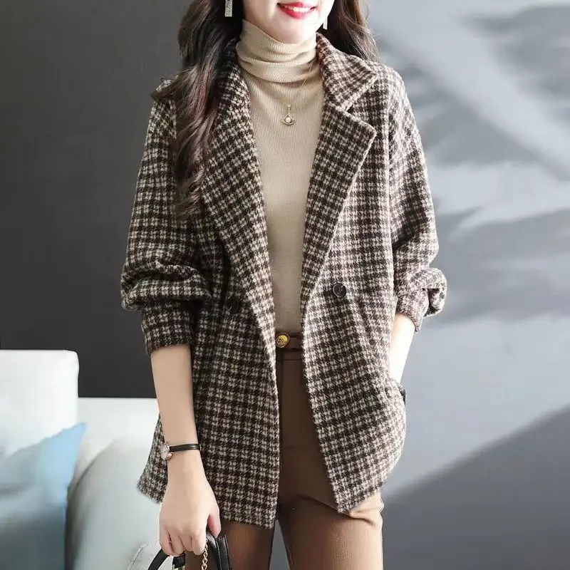 Women's Tweed Wool & Blends Coat Short Brown Half Novelty Casual Luxury Medium Long Sleeve Ladies Jackets Cheap on Sale New In