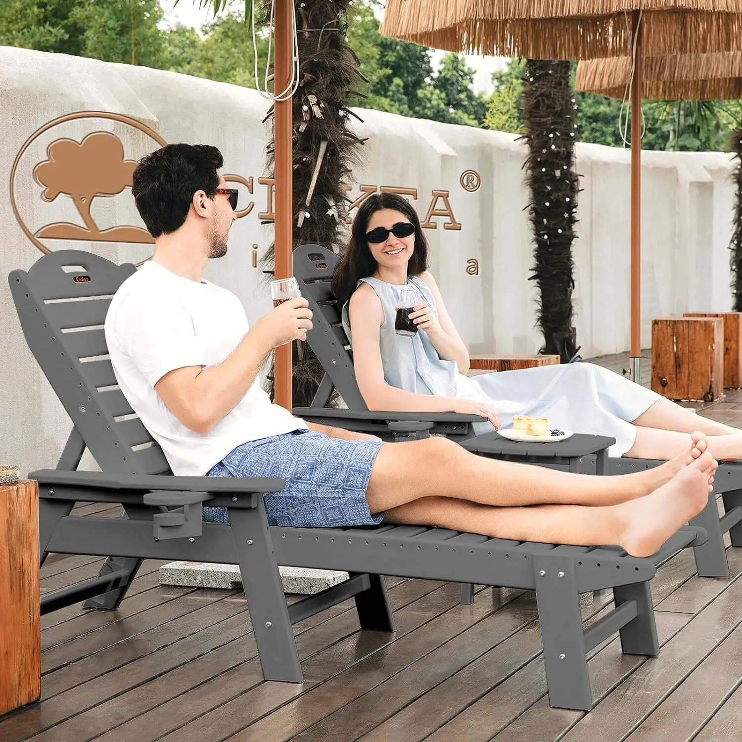 Chairs for Outside, HDPE, Outdoor Lounge Chair with 6 Positions Adjustable Backrest, Weather-Resistant Pool Lounge