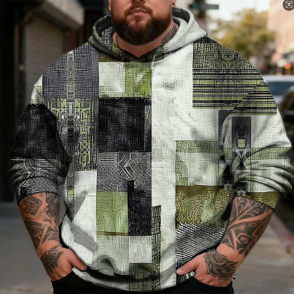 Men's Plus Size Patchwork Print Pullover Hoodie, Distressed Blocks and Striped Textures, Front and Back Abstract Design, S-9XL