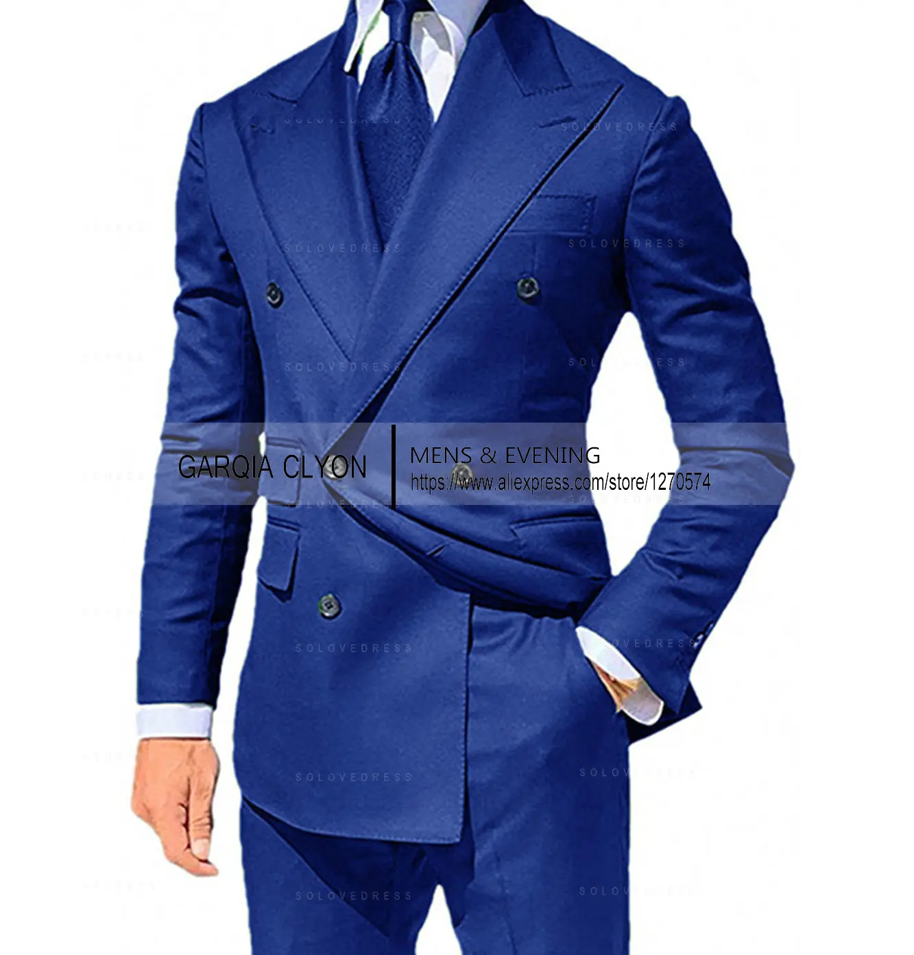 Navy Blue Mans’ Suits Double Breasted Jacket Pants Set Costume Homme Formal Slim Fit  Tuxedo Groom 2-Piece Wedding Peaked Lapel