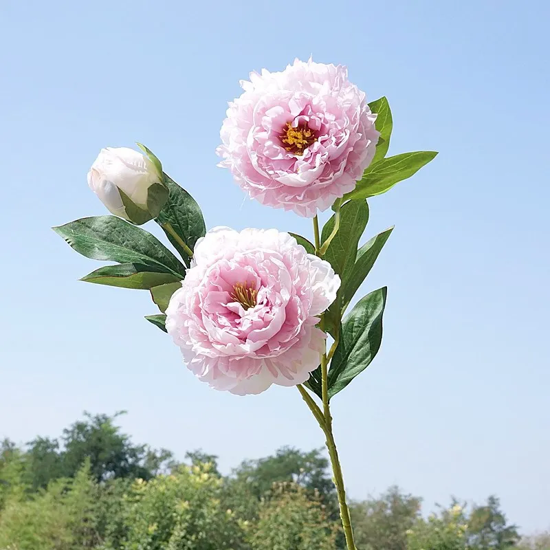 Beautiful 3-Head Peony Artificial Silk Flower Realistic Long Branch Fake Flower for Home Wedding Decoration Living Room Party