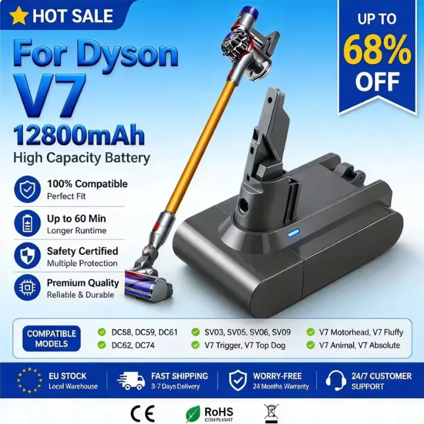 Batterie de remplacement pour aspirateur Dyson V7 SV11, 21,6 V, 12 800 mAh, batterie lithium-ion rechargeable, compatible avec les modèles Animal Pro, Absolute, Fluffy et Animal Pro.